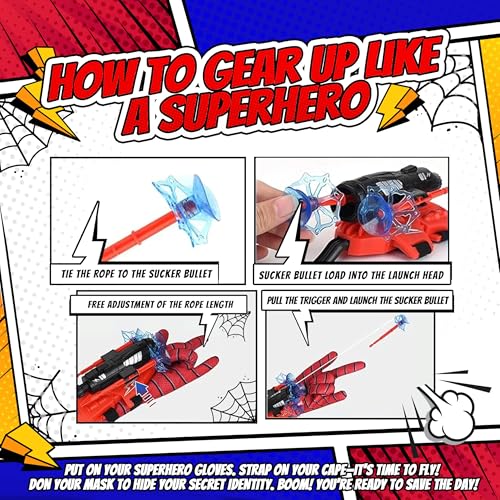Superhero Web-Slinging Toy Set – 7-in-1 Superhero Set Includes 2 Web Shooters, 2 Hero Masks, 2 Gloves, and 1 Cape – Ideal for Indoor and Outdoor Costume Role-Playing, Imaginative Play for Kids Ages 3+